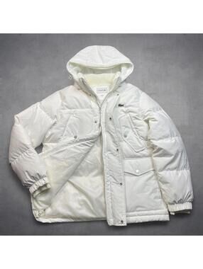 Lacoste Medium White Hooded Puffer Jacket Water-Repellent Down Coat